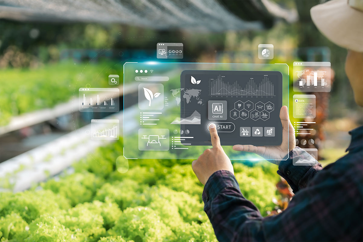 person with technology in a greenhouse