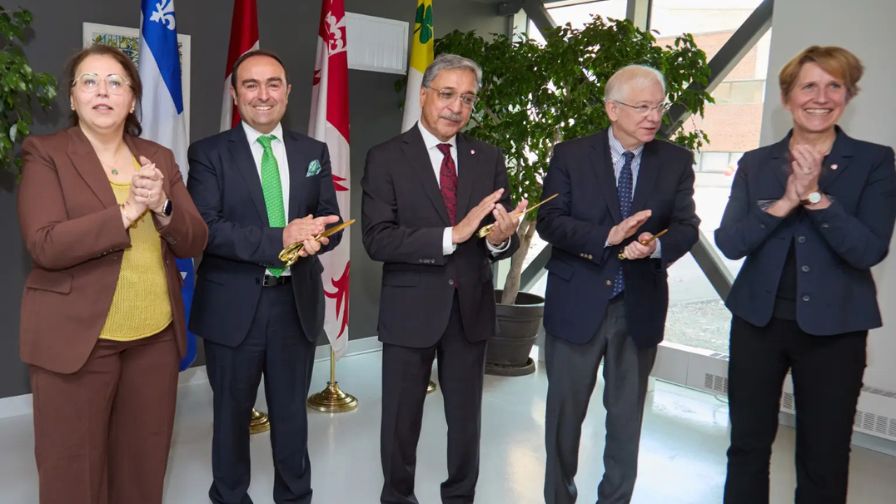 Dignitaries at the inauguration of the new facilities included (L to R); Salwa Karboune, Dean of McGill's Faculty of Agricultural and Environmental Sciences; Mohamad Nasser-Eddine, Vice-President Programs and Planning, Canadian Foundation for Innovation; Deep Saini, President and Vice-Chancellor of McGill; Francis Scarpaleggia, Member of Parliament for Lac-Saint-Louis; and Anja Geitmann, McGill's Vice-President (Global Engagement)