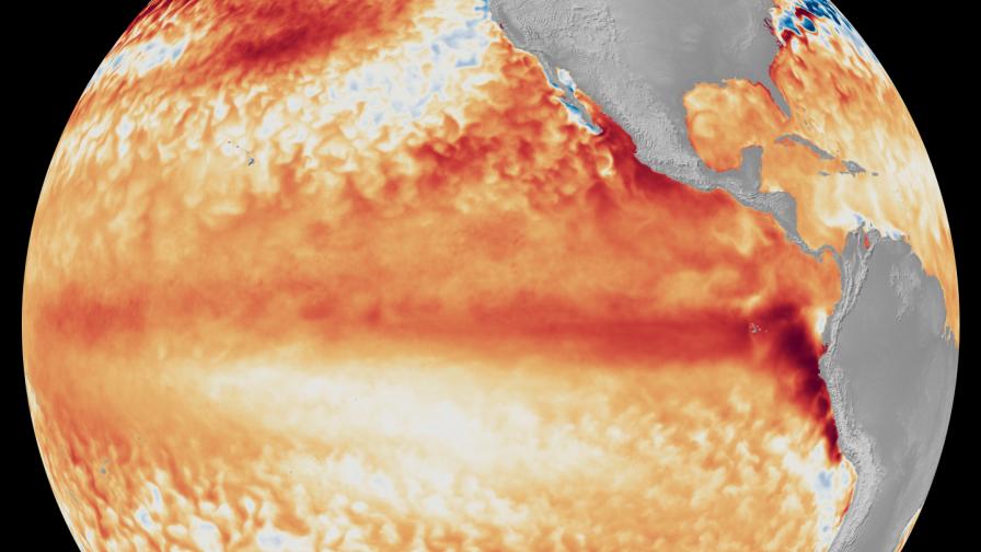 Satellite data from last month shows the tell-tale signs of a strengthening El Niño event. The dark ribbon of red indicates abnormally high sea surface temperatures.