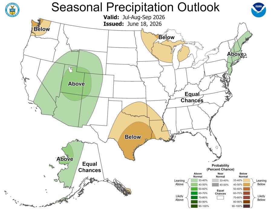 NOAA summer 2026 90-day precipitation outlook map.